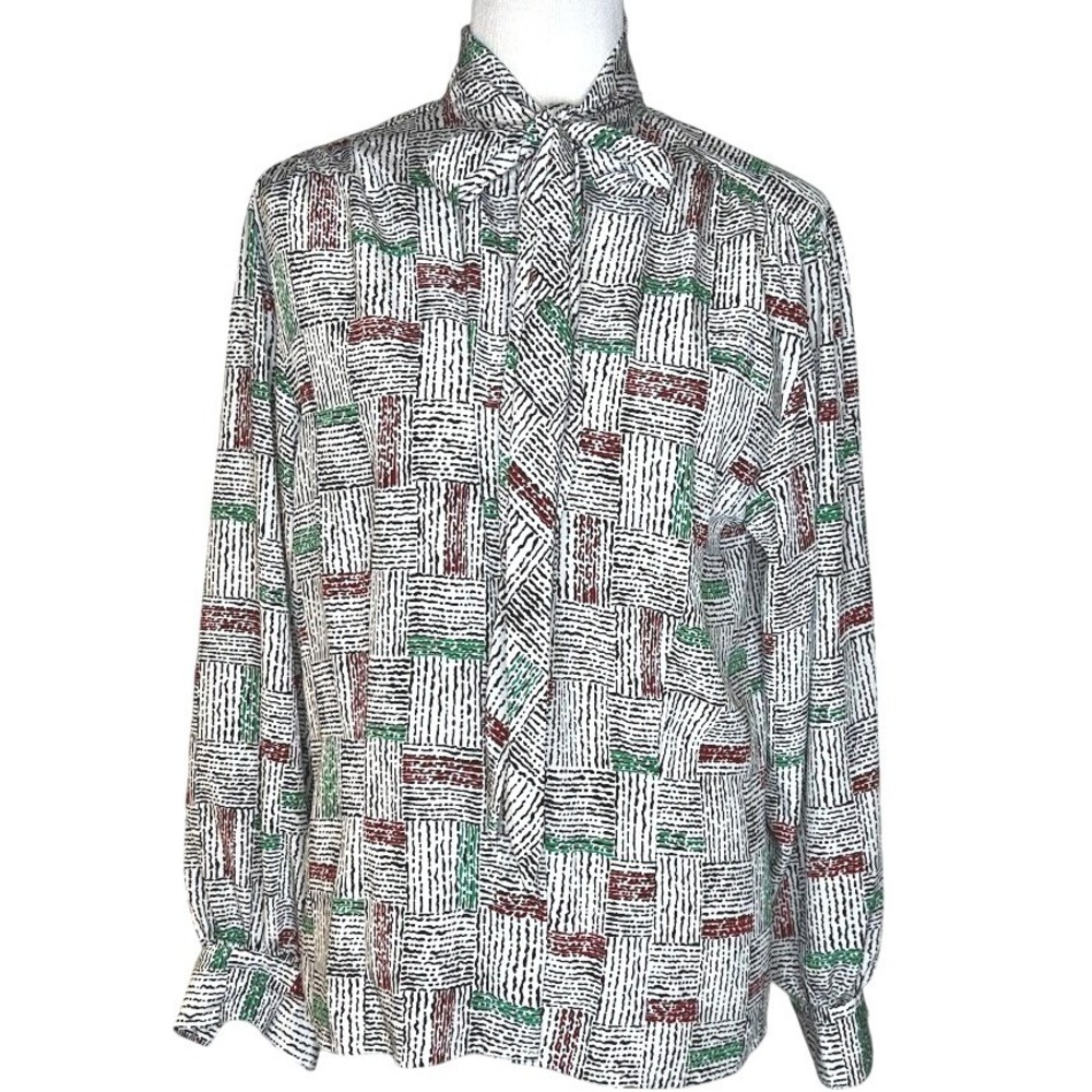 Vintage Jason Prescott Collection Tie Neck Blouse White Red Green Abstract Sz 12